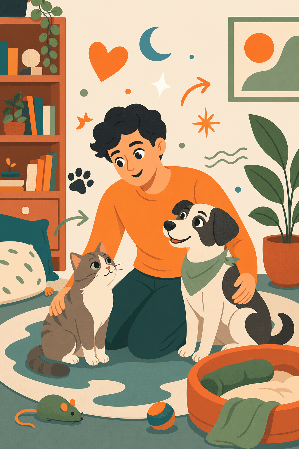 插画：主人陪着狗和猫，周围浮现行为与情绪的提示图形